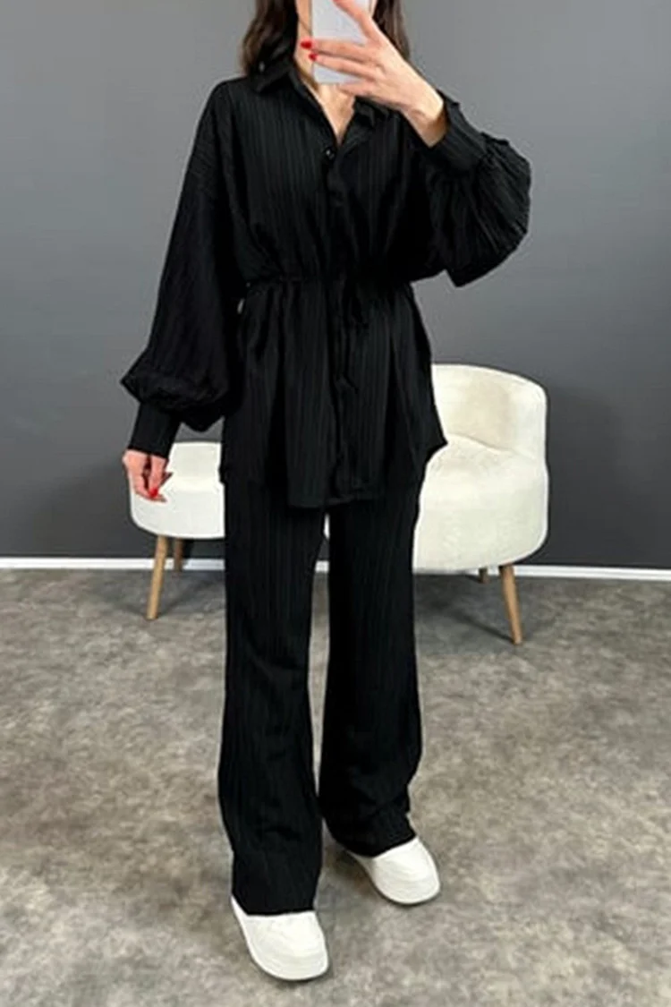 Turndown Collar Tie Up Shirt Straight Leg Pants Solid Color 2pcs Set