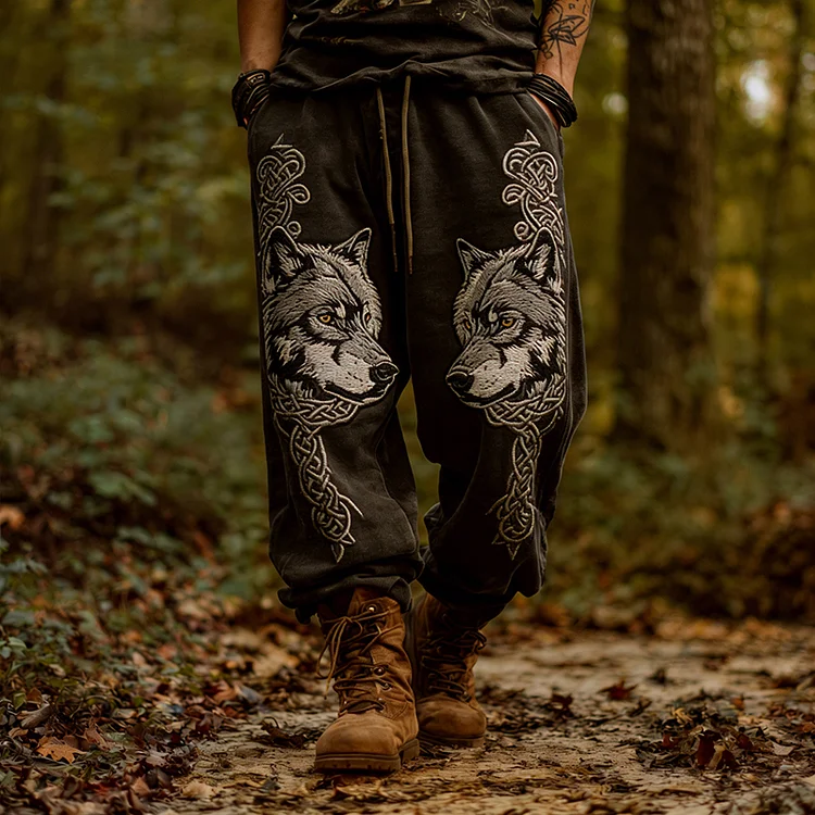 Men's Retro Viking Style Wolf Celtic Comfortable Knit Casual Pants