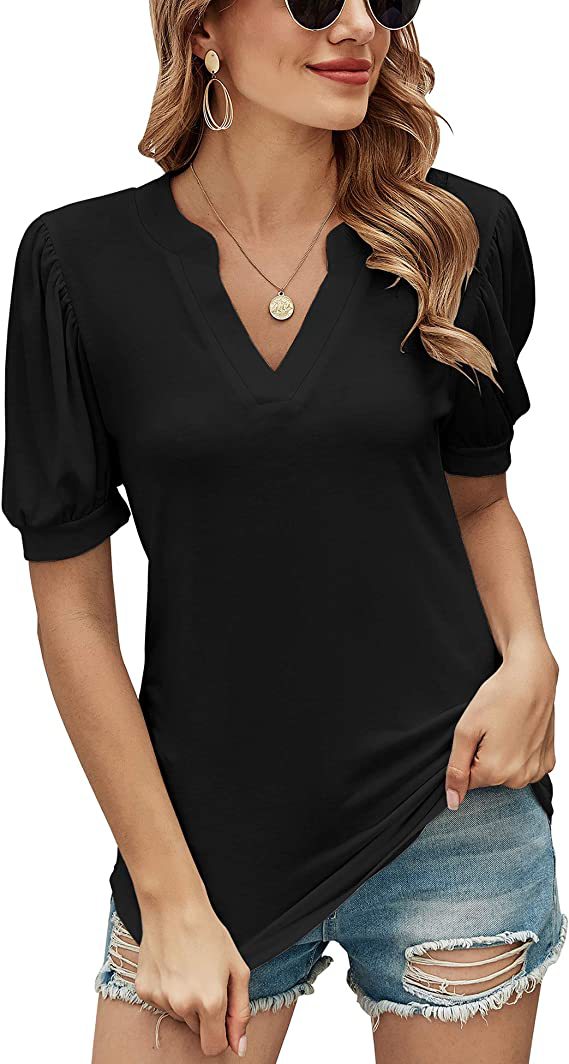 Women’s Puff Sleeves Tops V-Neck Short Sleeves Solid Color Casual Shirts Blouses Loose Fit T Shirt Casual Summer Tops