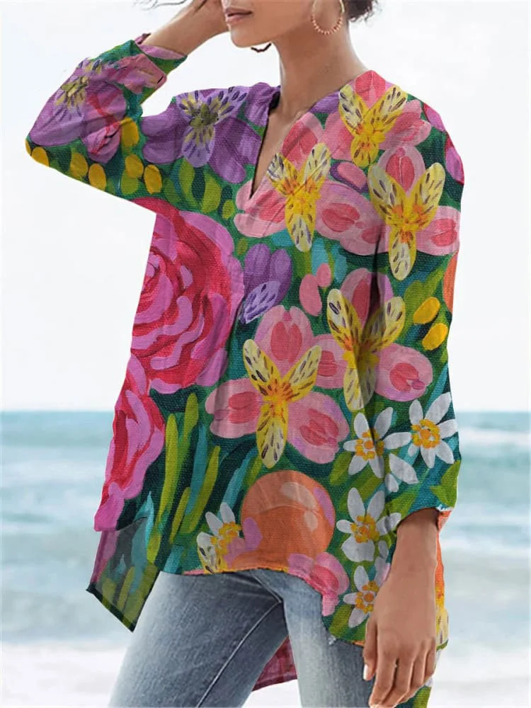 Women's  Flower Print Casual Linen V-neck Shirt