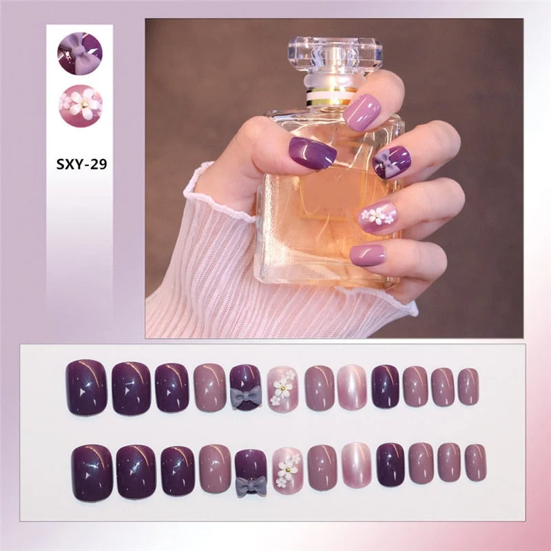 24pcs/box Wearable Finger Fake Nails press on Blue Grey Aurora Effect short size full cover Summer Patch  fake Fingernail tips-Nail Inspo