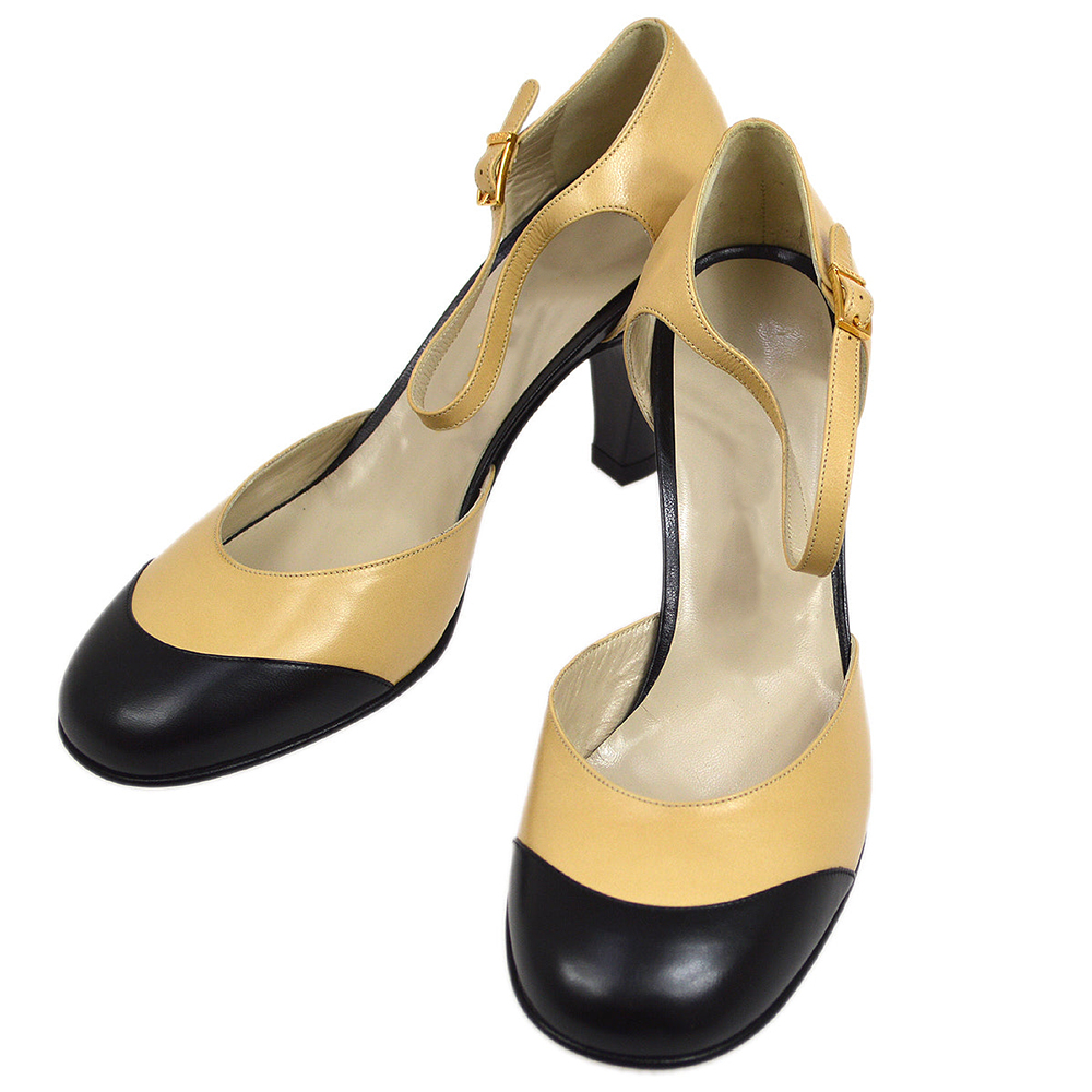 Yellow & Black Round Toe 3'' Block Heel Ankle Strap Pumps Nicepairs