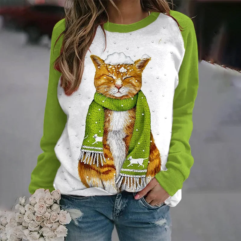 Cat Print Round Neck Panel Long Sleeve Sweatshirt