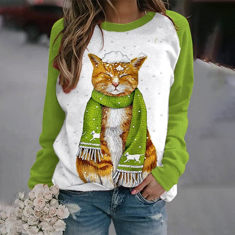 Comstylish Cat Print Round Neck Panel Long Sleeve Sweatshirt