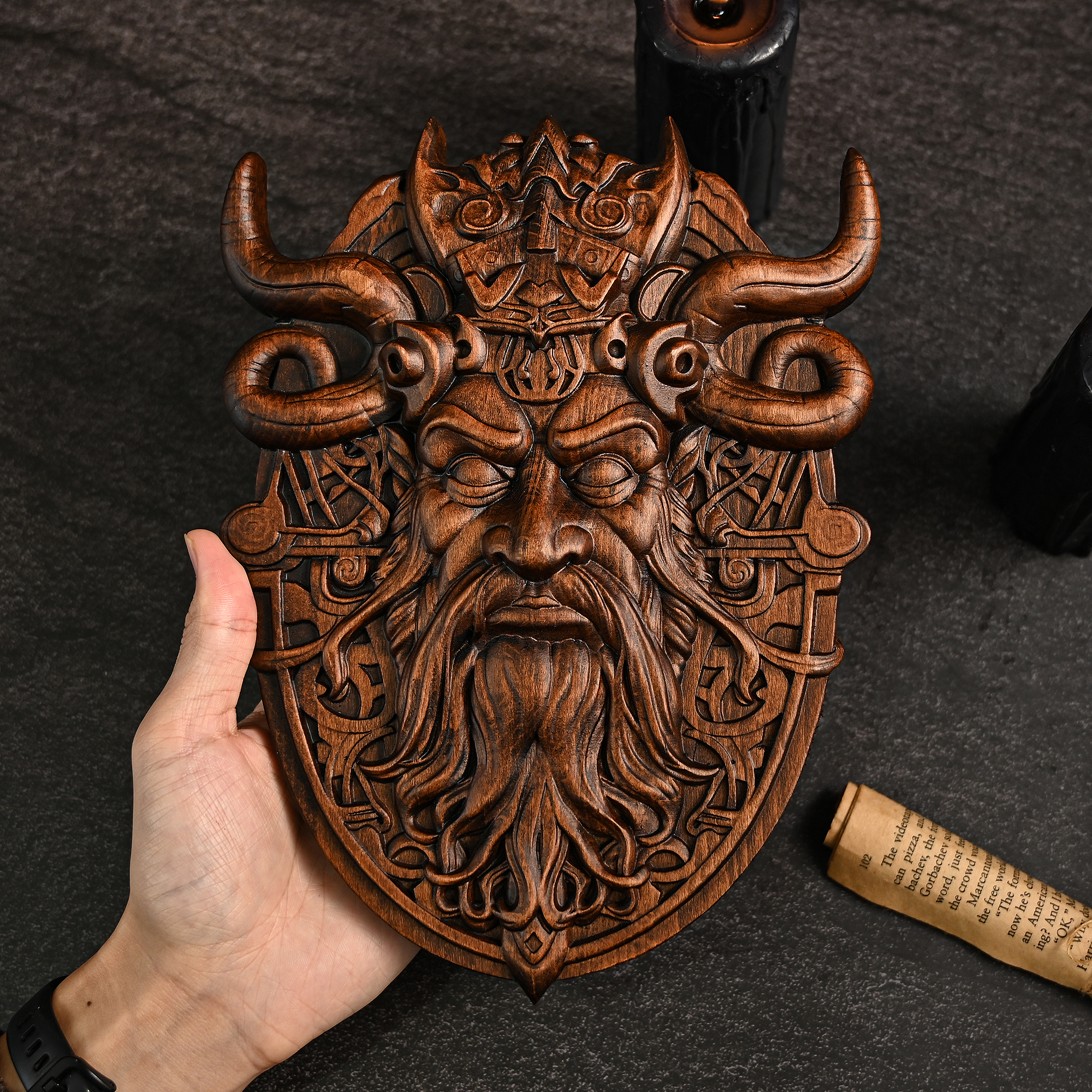 Nordic Viking Mask Hand-Carved Wooden Wall Hanging