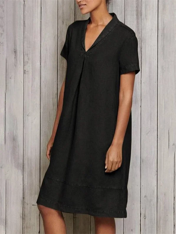 Women Short Sleeve V-neck Soild Midi Dress