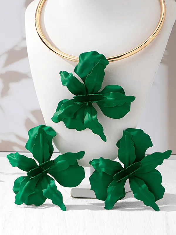 Flower Shape Necklaces Accessories + Drop Earrings GREEN-One_size