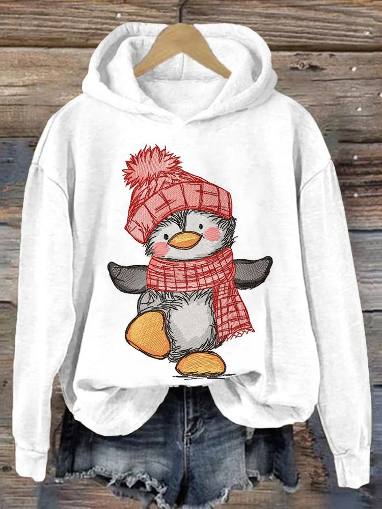 Penguin Winter Dancing Embroidered Comfy Hoodie