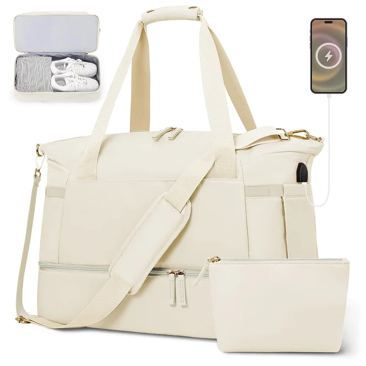 DAKIMOE Travel Duffel Bag for Women, Gym Bag with USB Charging Port, Large Weekender Overnight Bag with Wet Pocket and Shoes Compartment for Travel, Gym, Yoga