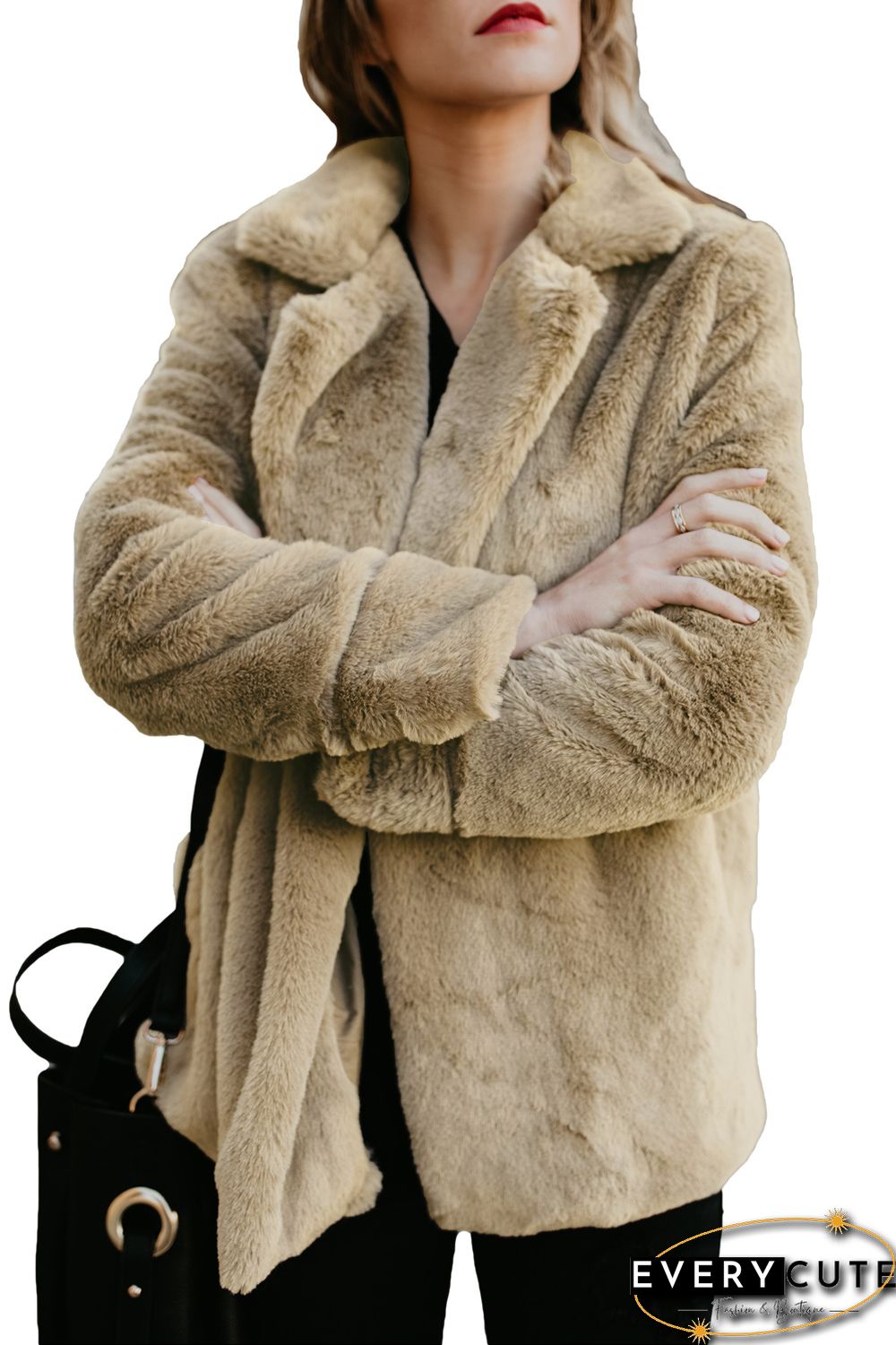 Khaki Pocket Style Fluffy Winter Coat