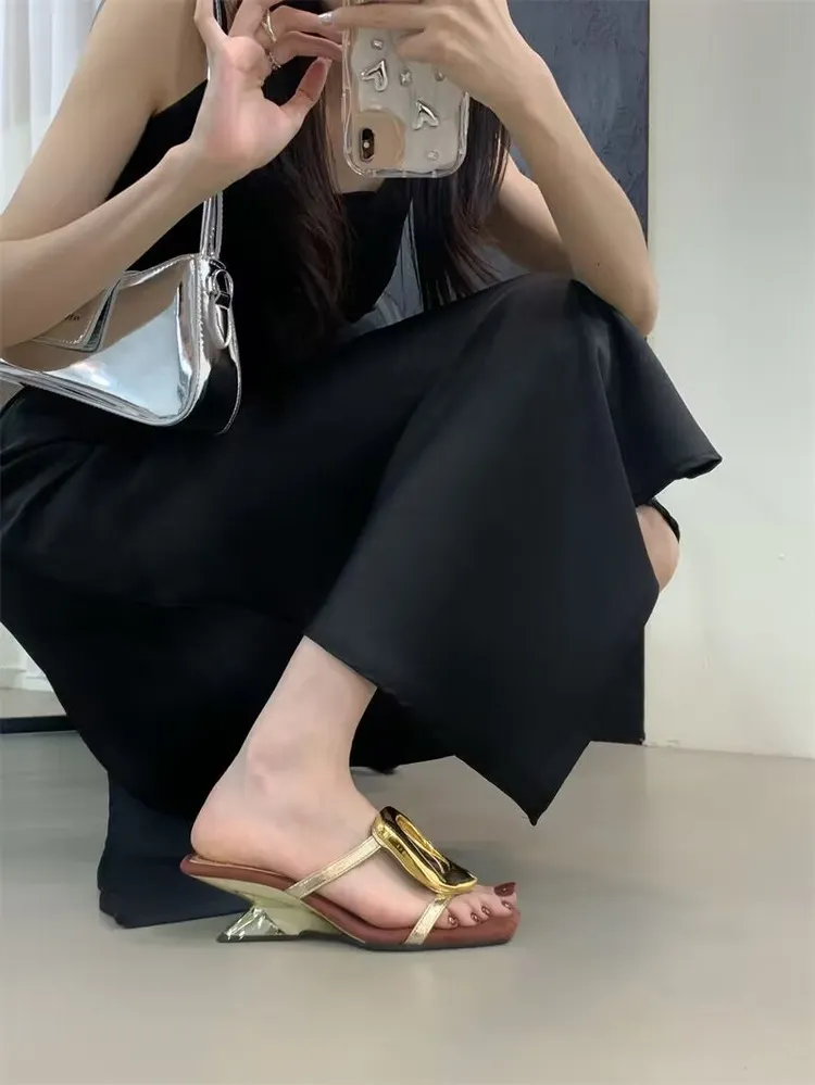 Yyvonne Way With Stylish Cool Slippers Wearing 2025 Summer New Square Toe And High-Heeled Sandals Woman