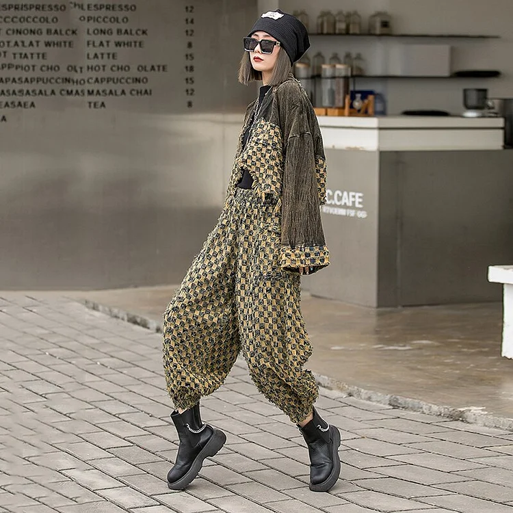 Street Loose V-neck Plaid Patchwork Short Coat & All Fluff Plaid Haren Pants Denim Two Pieces Set