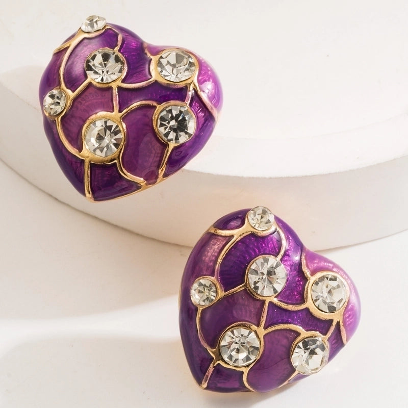 1 Pair Casual Classic Style Heart Shape Enamel Inlay Alloy Rhinestones Gold Plated Ear Studs