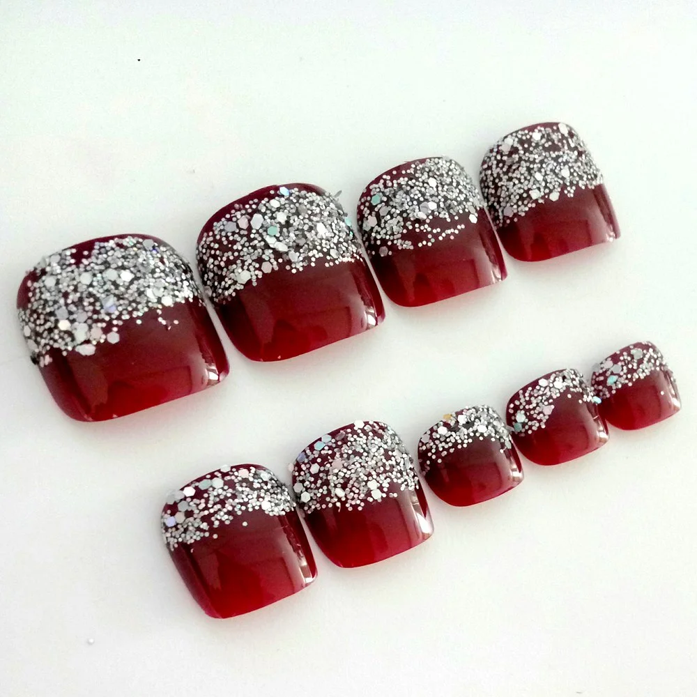 24Pcs Lady Artificial False Toenails Gradient Red Gold Foil Fake Toe Nails With Design DIY Foot Nail Art Tips Manicure Tools-Nail Inspo