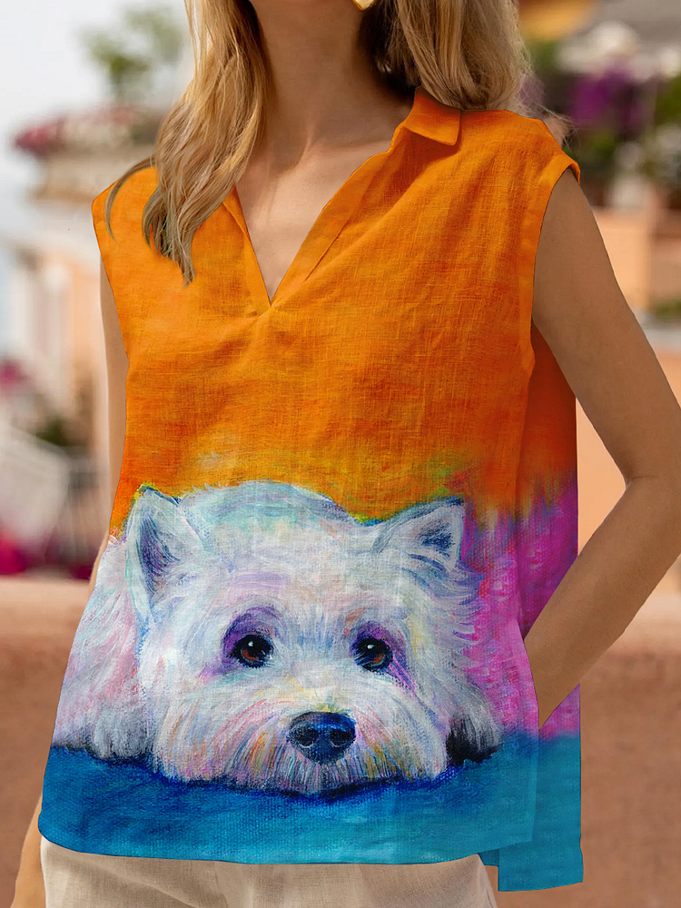 Ctue Dog Art Print Cotton and Linen Tops