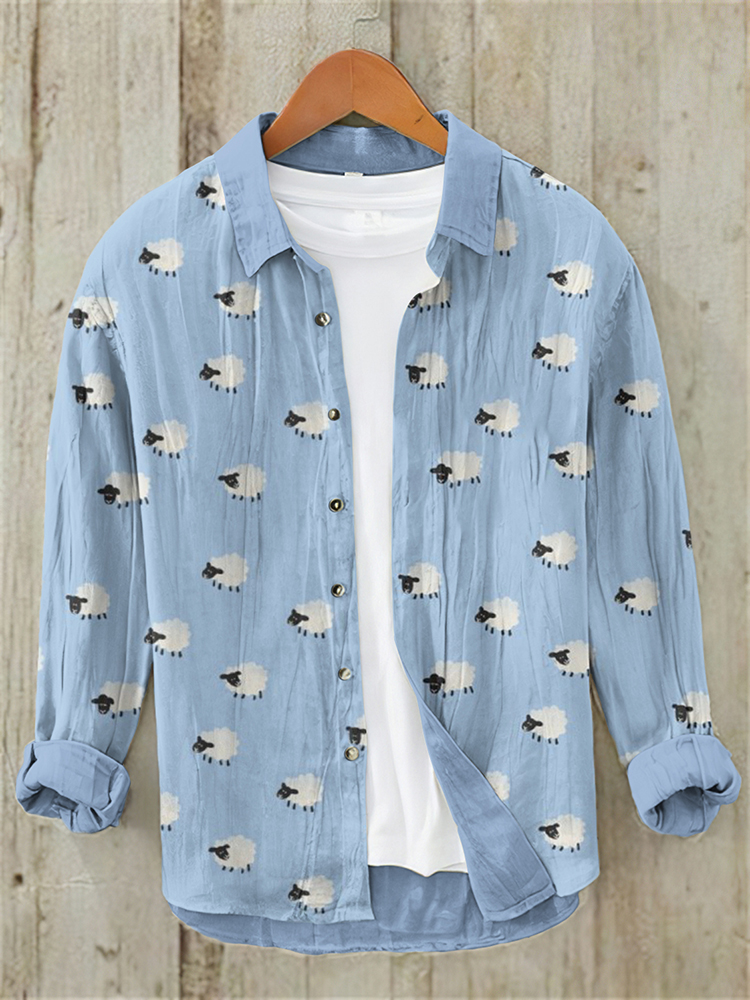Comstylish Men's Farm Sheep Painting Art Cotton Linen Shirt