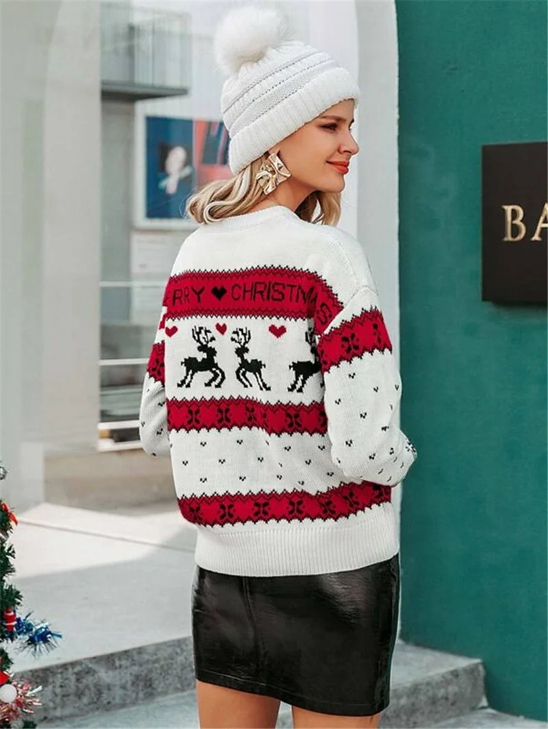 Athvotar Athvotar New Loose Round-Neck Christmas Deer Pattern Knitted Knitted Sweater