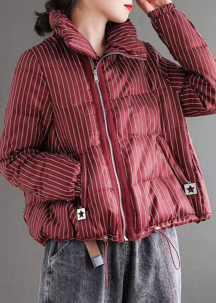 Chic Red Striped Stand Collar zippered Winter Chiffon Puffers Jackets