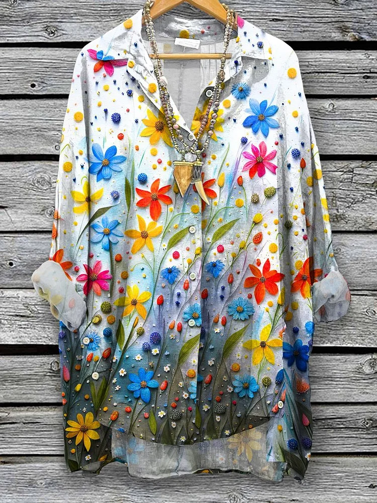 Women's Spring Flowers Art Print Casual Cotton And Linen Shirt