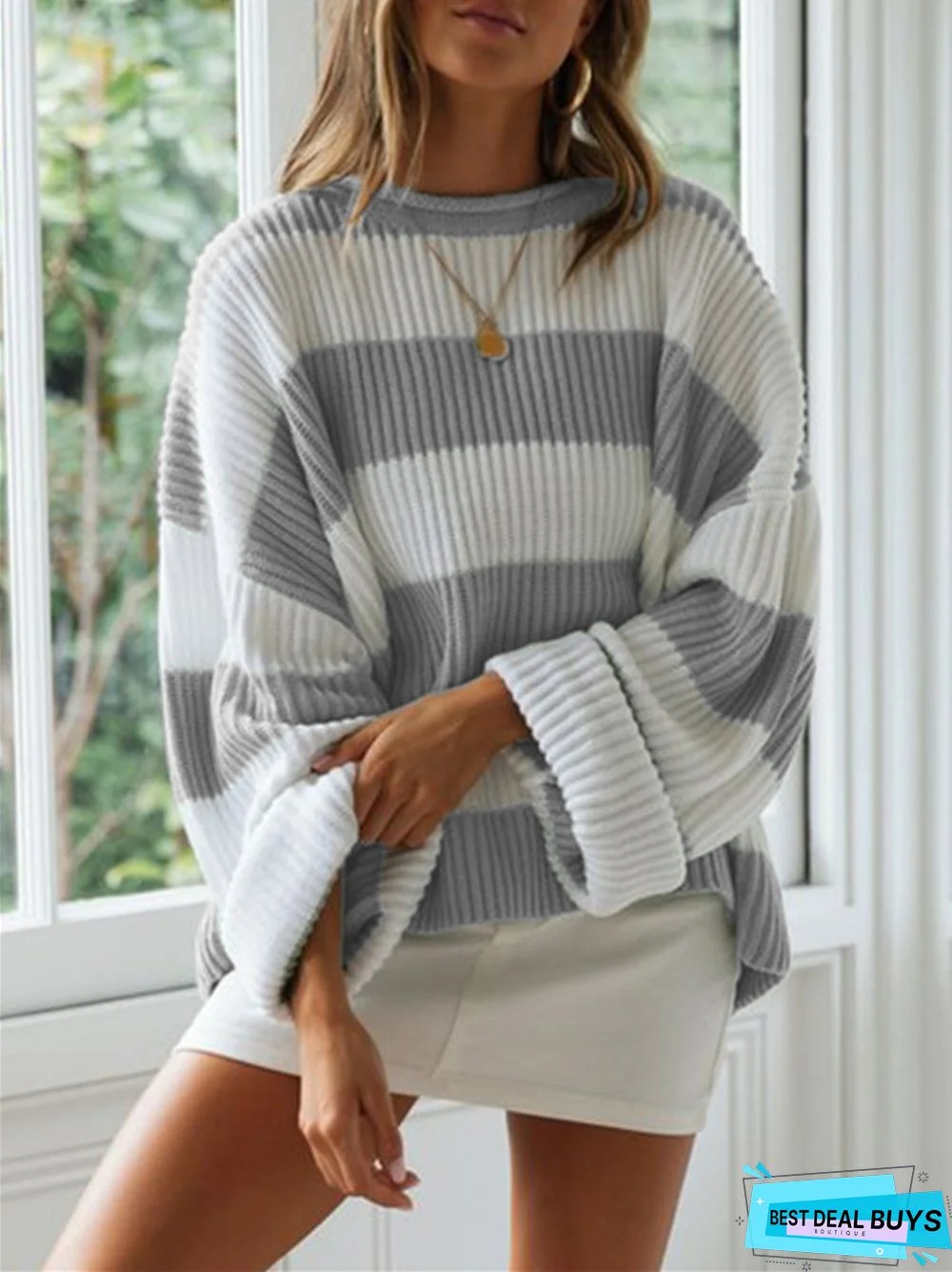 Round Neck Stripe Color Matching Knit Sweater