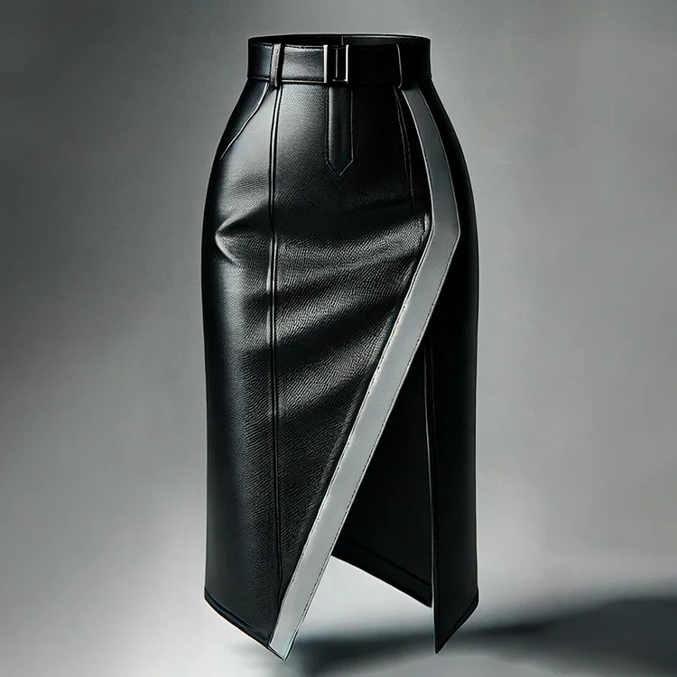 Elegant PU Leather High Waist Colorblock Slit Midi Skirt