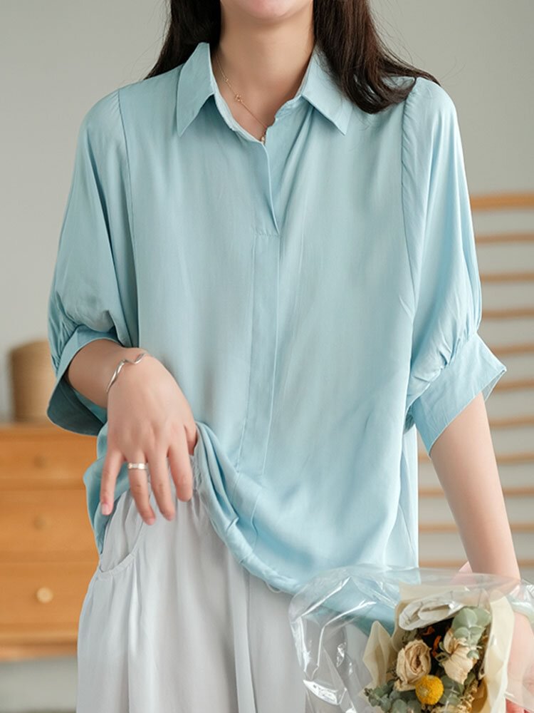 Solid Color 3/4 Length Sleeve Lapel Loose Women Blouse P1858157