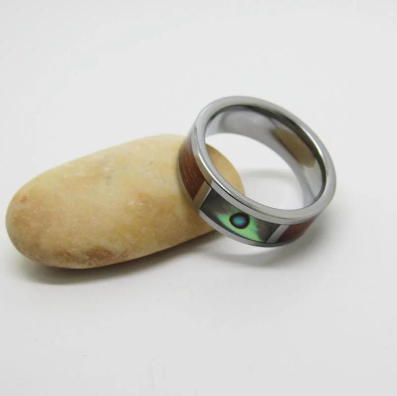 8MM Tungsten Carbide Rings Flat Silver Slotted Six-Piece Abalone And Cross Rosewood For Womens And Mens