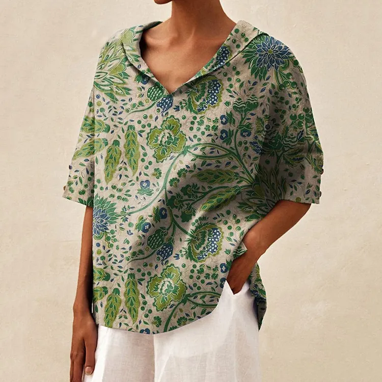Women's Floral Art Print Casual Linen V-Neck Shirt