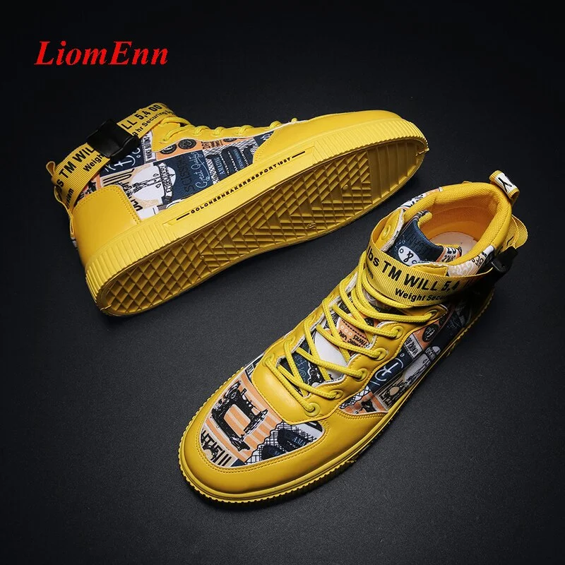 Graffiti High Top Sneakers Women Shoes 2021 Spring White Yellow Sneaker Sport Shoes Man Tennis Vulcanized Shoes Woman Large Size