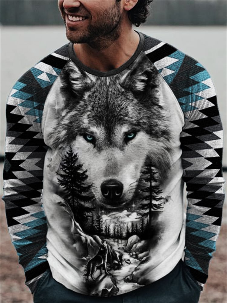 Western Forest Wolf Aztec Patchwork T Shirt