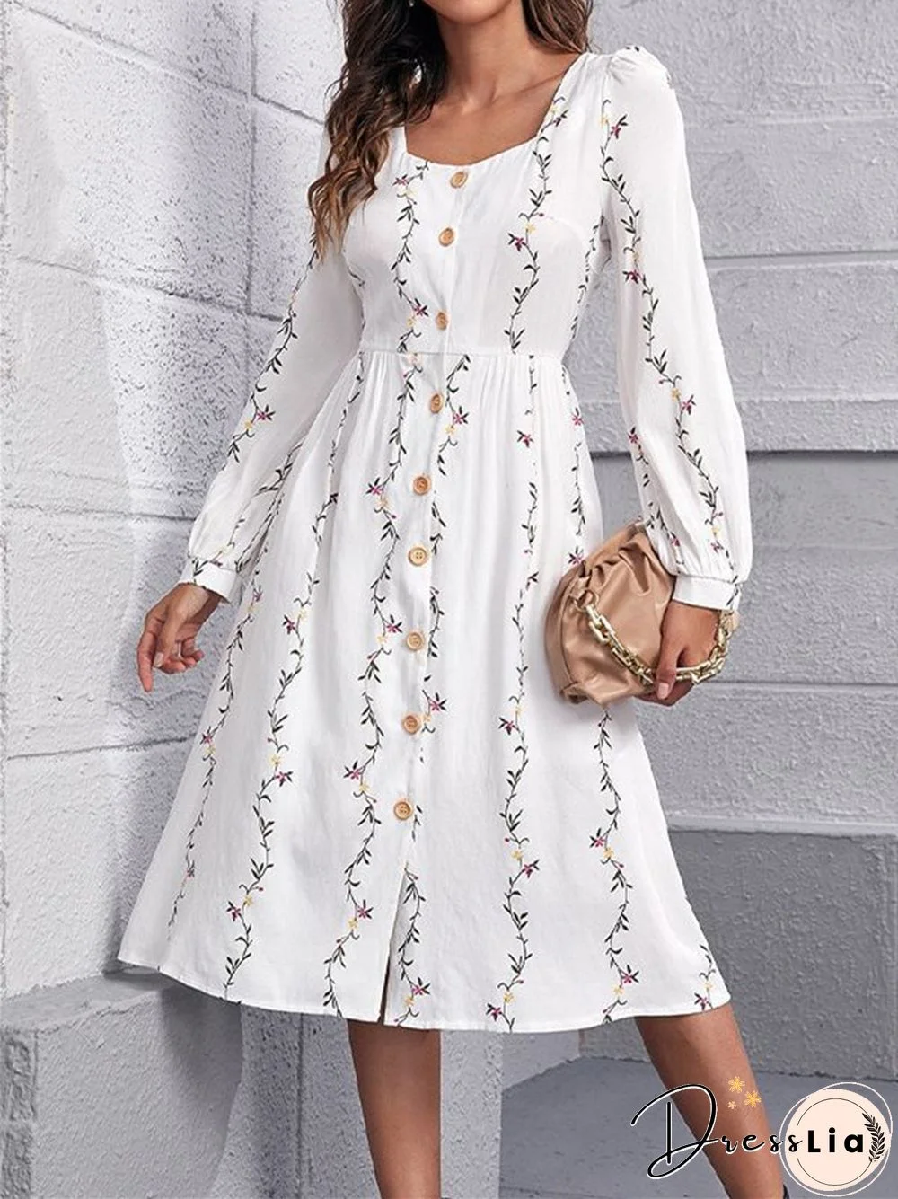 Printed Square Collar Loose Long Sleeve Dress