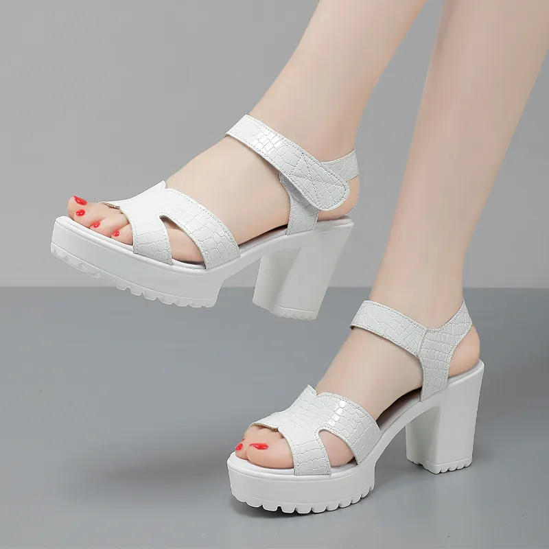 Breakj Breakj Leather High Heel Waterproof Sandals Women Fashion Crocodile Pattern Walking Shoes Summer Coarse Heel Magic Sticky H Women's Shoes