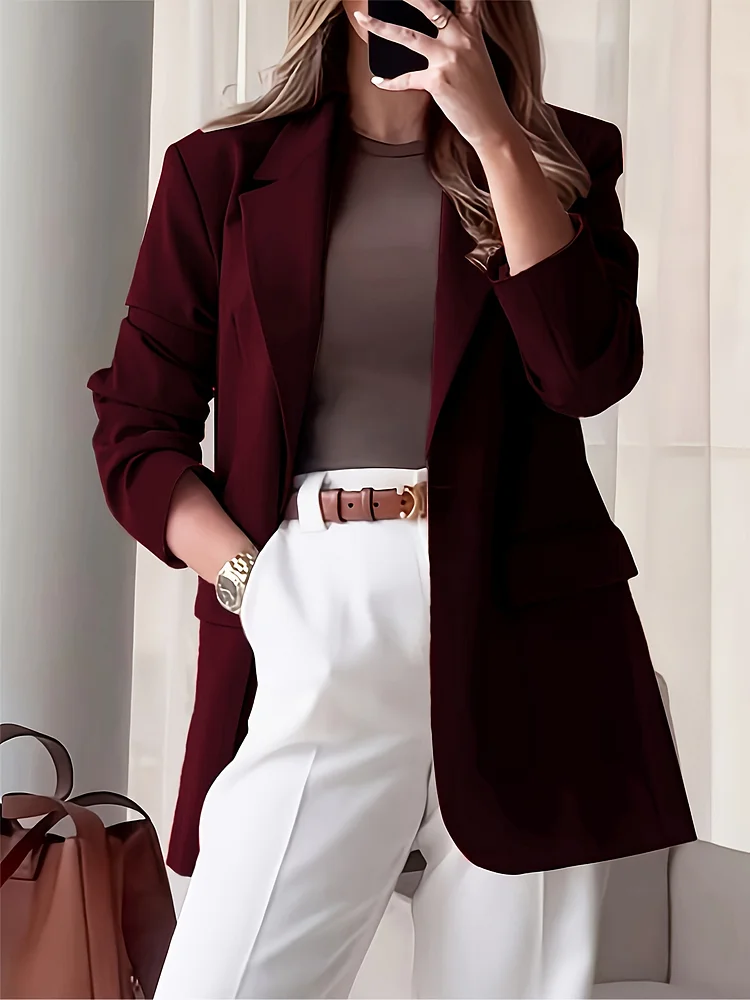 Elegant Women's Burgundy Double-Breasted Blazer - Solid Color Loose Fit Long Sleeve Office Casual Jacket, All-Season Machine Washable Versatile Outerwear With Luxury Button Detail, Sophisticated Tailoring