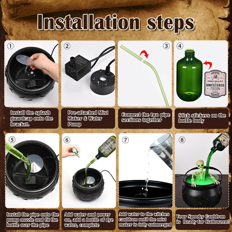Product Introduction of Halloween Decorations Indoor - Cauldron Halloween Decor with Magic Floating Potion Bottles and Diffuser - Black Plastic Witches Bowl Hocus Pocus Party Decoration for Spooky Vintage Home Kitchen Table. Well Soon Gift 5