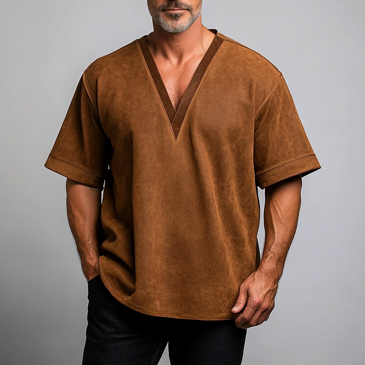Men's Suede Solid V Neck Short Sleeve T-Shirt
