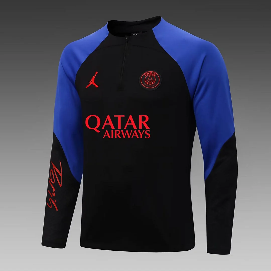 2022/2023 Psg Paris Saint-Germain Half-Pull Training Suit Black-Blue Sleeve