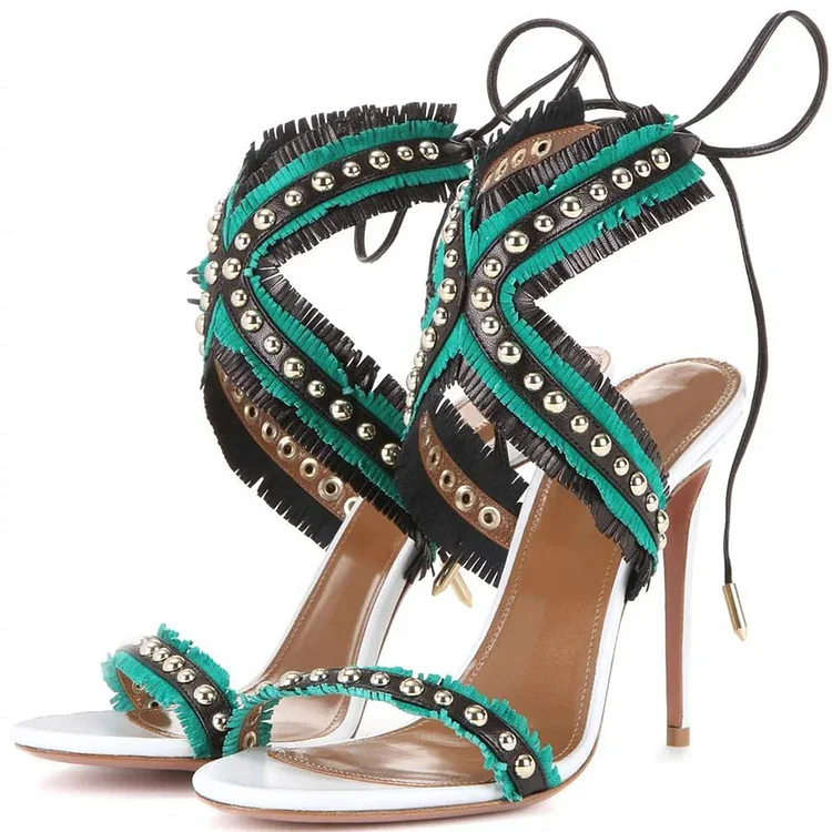 Turquoise Open Toe Studded Fringe Back Laced High Heels Sandals |FSJ Shoes