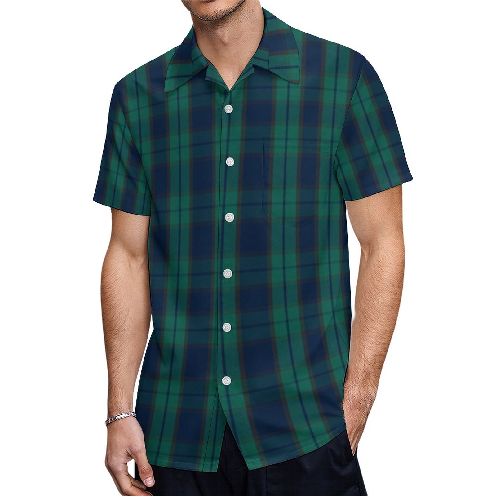 Green Blue Black Watch Plaid Scottish Tartan Hawaiian Shirt Mens Button Down Tropical Hawaii Beach Shirts