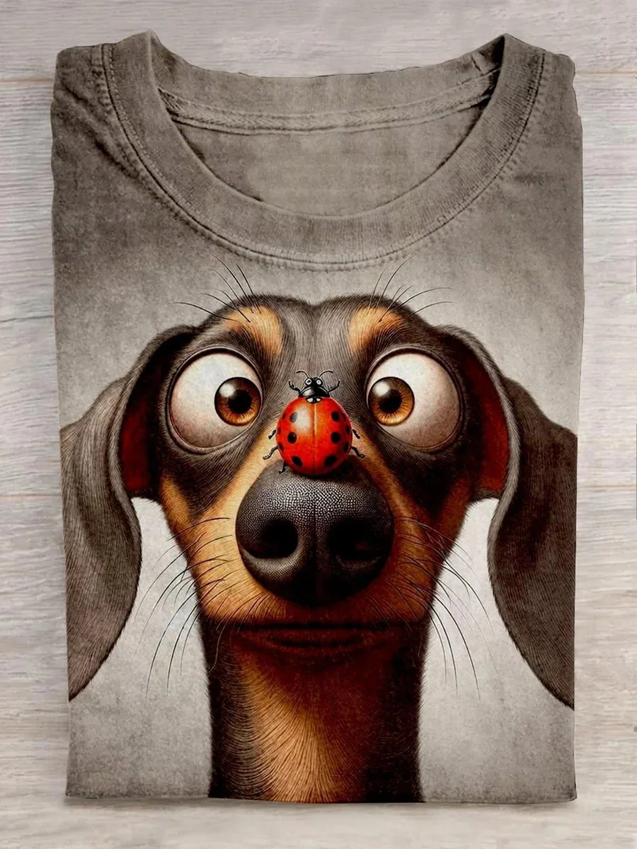 Eagerlys Funny Dachshund And Ladybird Printed Crew Neck T-shirt Eagerlys