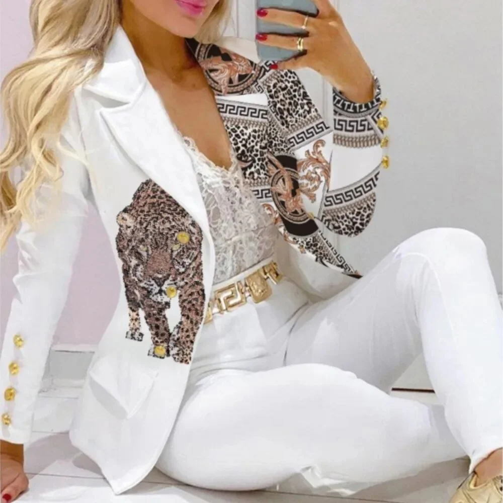 Nigikala Stripe Print Suit Coat Pants Set Office Lady Fashion Elegant Long Sleeve Top Trousers Two Piece Set Women Outfit 2023
