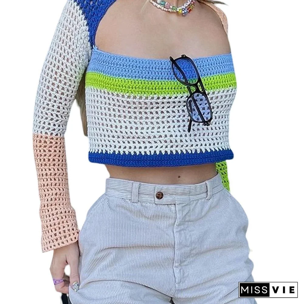 Women Striped Print Y2K Knitted Sweaters Autumn Loose Pullovers Streetwear Vintage Harajuku Cute Knitwear Retro Shirt