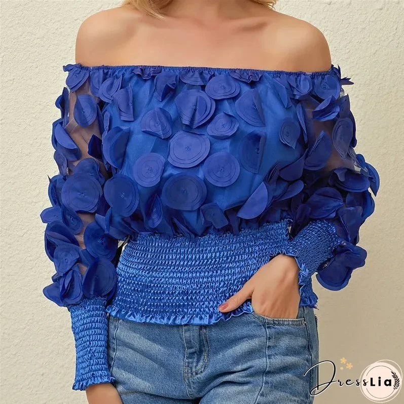 Sexy Off Shoulder Womens Tops And Blouses Mesh Sheer Puff Sleeve Tops Summer 3D Flower Vintage White Women Shirt Blouse 210308
