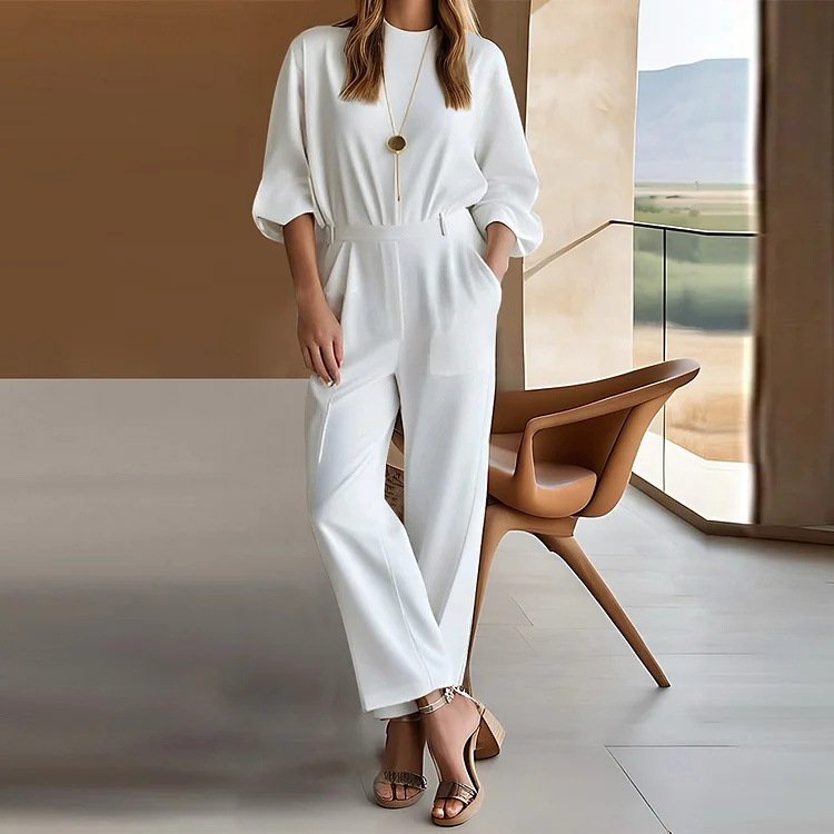 Ursime Crew Neck 3/4 Sleeve Pocket Solid Jumpsuit