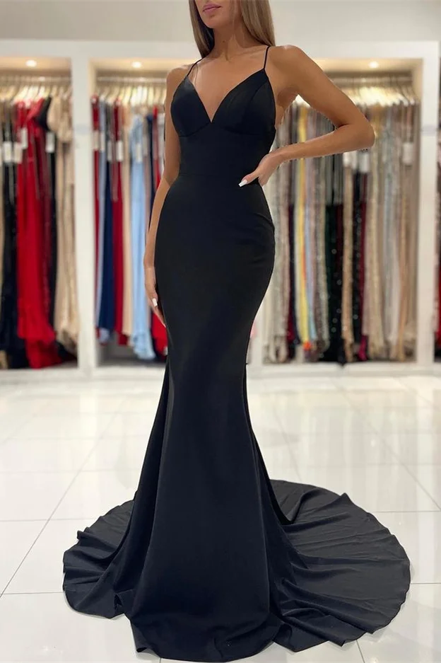 Luluslly Black Spaghetti-Straps Mermaid Prom Dress V-Neck Online