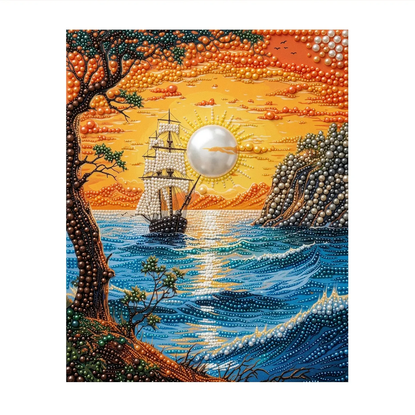 Sailing Ship at Orange Sunset - Pearls Painting