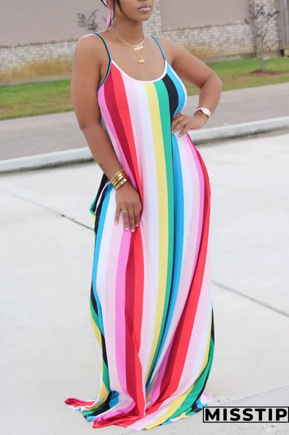 Colorful Fashion Casual Striped Sleeveless Loose Dress