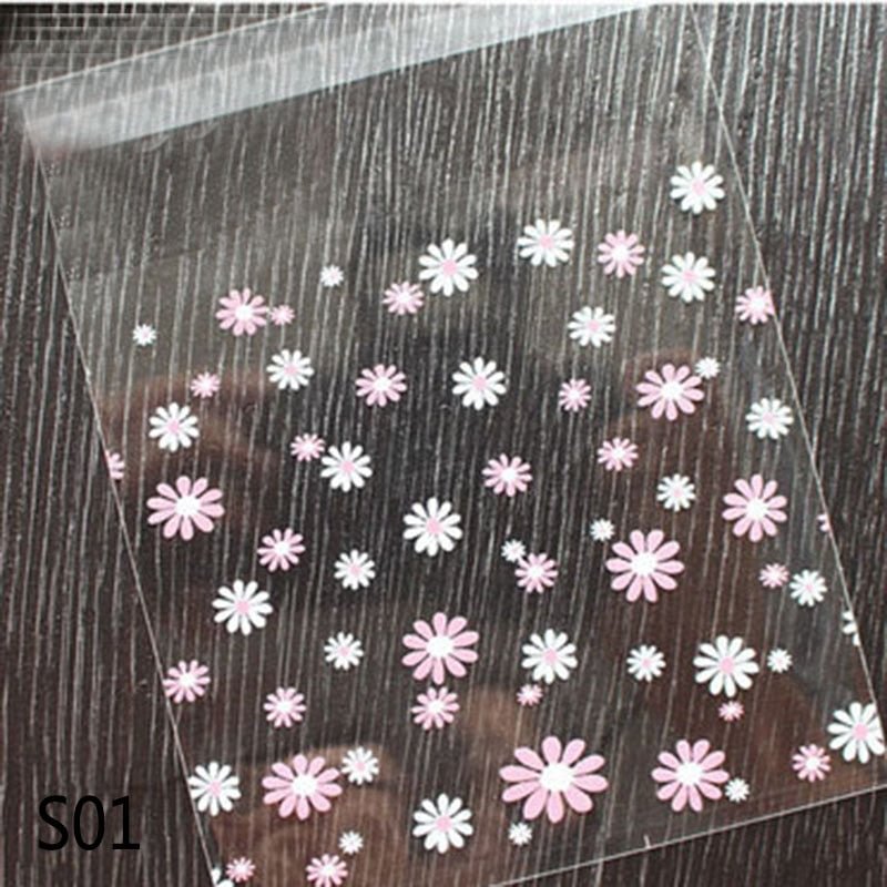 100Pcs Lovely Cartoon Flower Cookies Biscuits Bags Self-adhesive Party Wedding Bag Cake Candy Gift Bags Baking Package 7*7cm