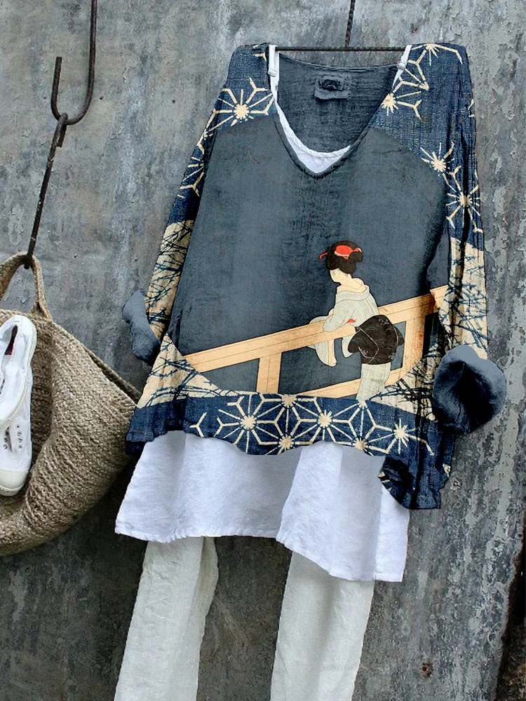 Vintage Japanes Art Pattern Linen Blend Cozy Tunic