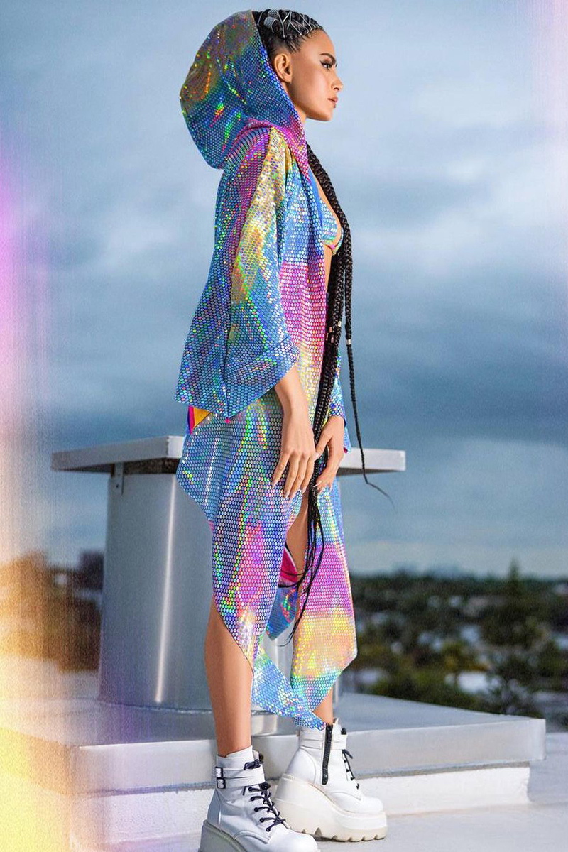 Ciciful Rainbow Metallic Glitter Festival Hooded Kimono Coat