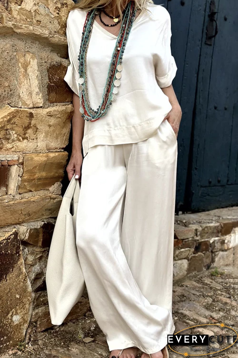 British Style Simplicity Solid Pocket V Neck Sleeveless Two Pieces